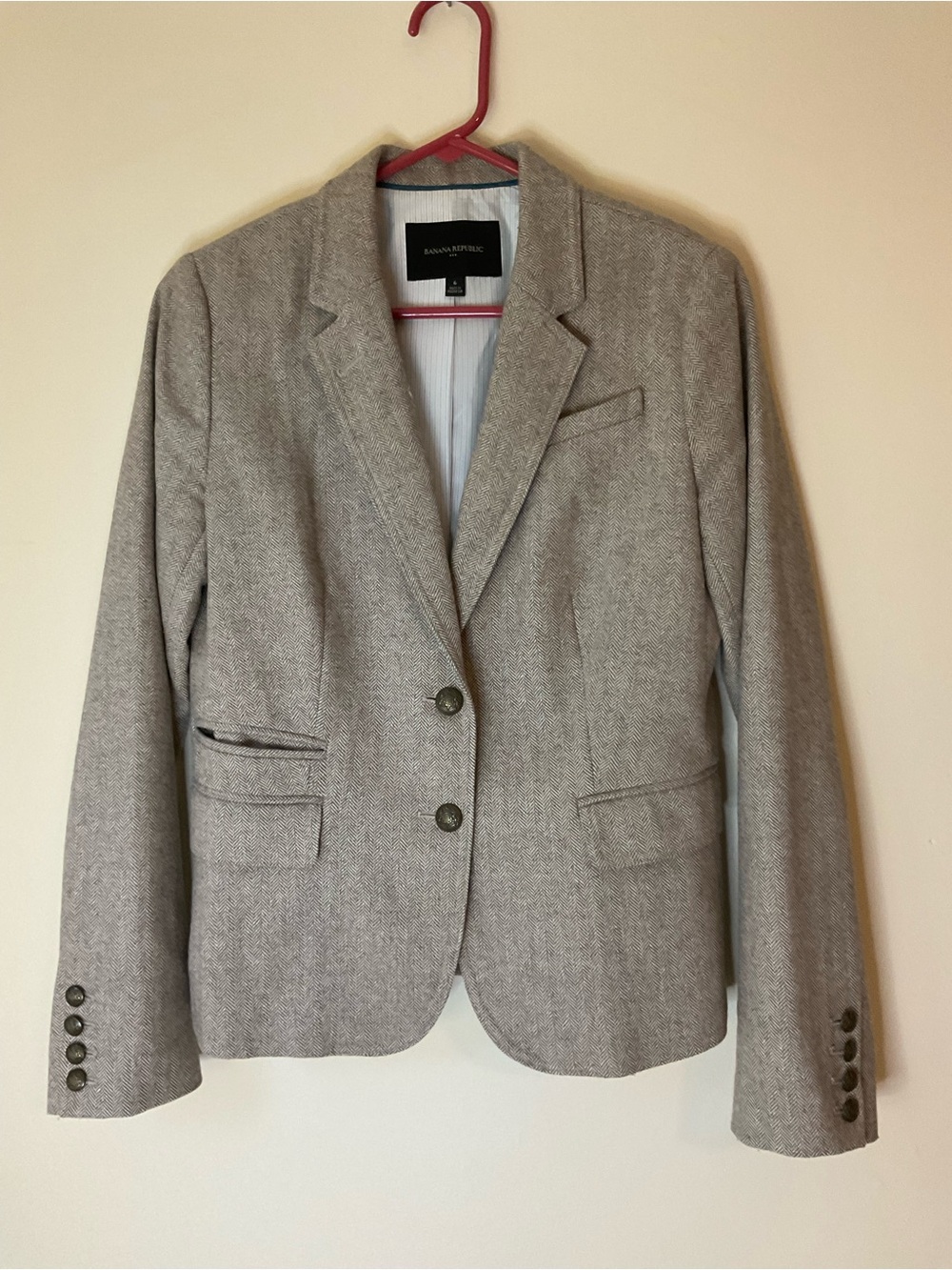 Wool Banana Republic Women's herringbone Tailored Blazer brass shield buttons